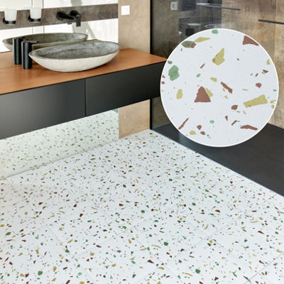 Vinyl Floor Tiles Self Adhesive - 30 Pack To Cover 30 sqft (2.79 sqm) - Square Tile Size 30.5 x 30.5cm - Off-White Terrazzo Effect