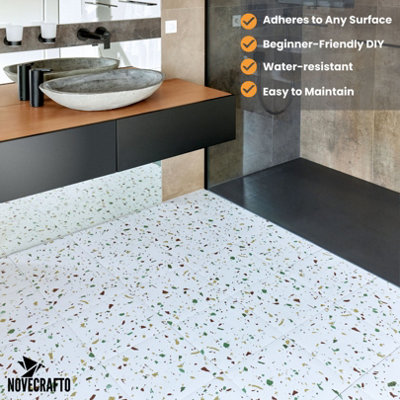 Vinyl Floor Tiles Self Adhesive - 30 Pack To Cover 30 sqft (2.79 sqm) - Square Tile Size 30.5 x 30.5cm - Off-White Terrazzo Effect