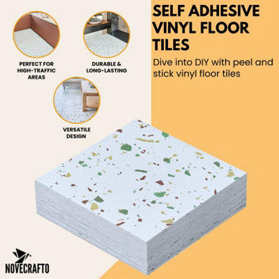 Vinyl Floor Tiles Self Adhesive - 30 Pack To Cover 30 sqft (2.79 sqm) - Square Tile Size 30.5 x 30.5cm - Off-White Terrazzo Effect