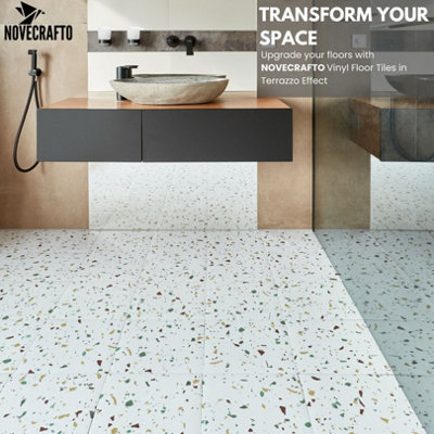 Vinyl Floor Tiles Self Adhesive - 30 Pack To Cover 30 sqft (2.79 sqm) - Square Tile Size 30.5 x 30.5cm - Off-White Terrazzo Effect