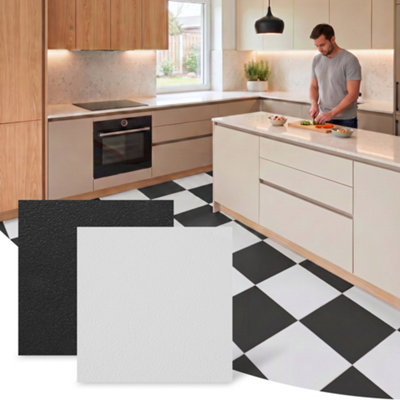 Vinyl Floor Tiles Self Adhesive, 30 Pcs Pack Covers 2.79m² Peel and Stick Floor Tiles, 15 Black & 15 White Checker Vinyl Flooring