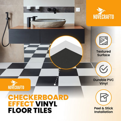 Vinyl Floor Tiles Self Adhesive, 30 Pcs Pack Covers 2.79m² Peel and Stick Floor Tiles, 15 Black & 15 White Checker Vinyl Flooring