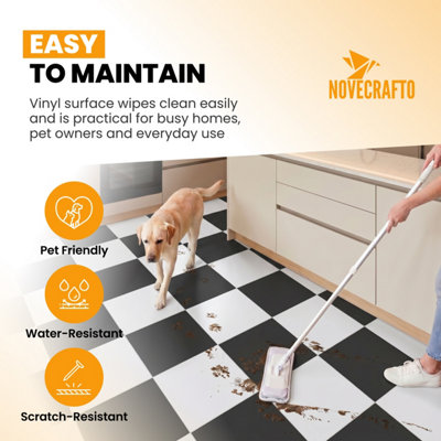 Vinyl Floor Tiles Self Adhesive, 30 Pcs Pack Covers 2.79m² Peel and Stick Floor Tiles, 15 Black & 15 White Checker Vinyl Flooring