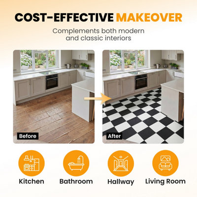 Vinyl Floor Tiles Self Adhesive, 30 Pcs Pack Covers 2.79m² Peel and Stick Floor Tiles, 15 Black & 15 White Checker Vinyl Flooring
