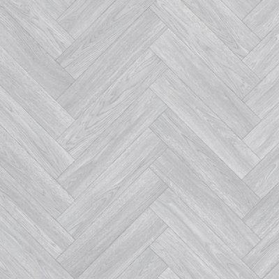 Vinyl Flooring Wood Oak Herringbone Foam Backed Lino Flooring Roll (Light Grey)