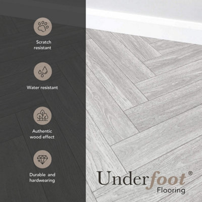 Vinyl Flooring Wood Oak Herringbone Foam Backed Lino Flooring Roll (Light Grey)