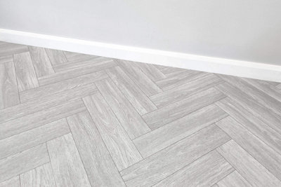 Vinyl Flooring Wood Oak Herringbone Foam Backed Lino Flooring Roll (Light Grey)