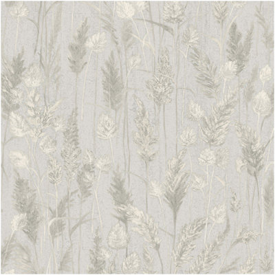 Vinyl Neutral Meadow Grasses Silver Wallpaper Botanical Leaf Trail Decor