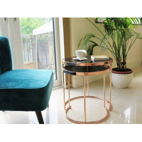 Visio Set of 2 Round Nesting Table-Black Glass Top/Copper Frame