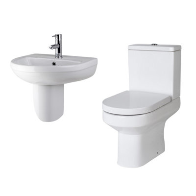 Vision Ceramic Bundle Semi Flush to Wall Toilet Pan & Cistern, Soft Close Seat, 500mm 1 Tap Hole Basin & Semi Pedestal - Balterley