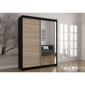 Vista 05 Contemporary Black Mirrored Sliding Door Wardrobe with Oak Sonoma Front (H)2000mm x (W)1500mm x (D)610mm