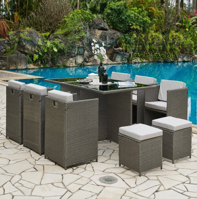 Grey rattan 6 piece cube garden furniture dining set hot sale