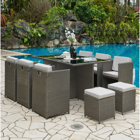 Vista Grey Rattan Dark Grey Cushions 6 Piece Garden Corner Sofa Set Footstools Bench Glass Top Table