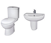 Vito Bathroom Round Ceramic Bundle with Toilet Pan, Cistern, Seat, 550mm 1 Tap Hole Basin and Semi Pedestal - Balterley