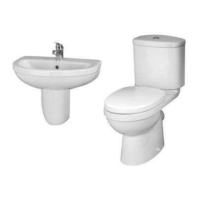 Vito Bathroom Round Ceramic Bundle with Toilet Pan, Cistern, Seat, 550mm 1 Tap Hole Basin and Semi Pedestal - Balterley