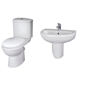 Vito Bathroom Round Ceramic Bundle with Toilet Pan, Cistern, Seat, 550mm 1 Tap Hole Basin and Semi Pedestal - Balterley