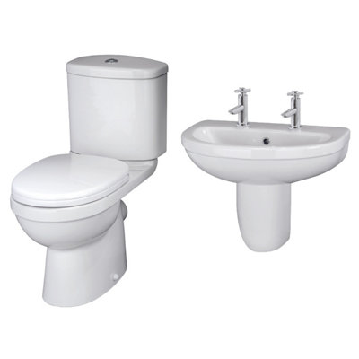 Vito Bathroom Round Ceramic Bundle with Toilet Pan, Cistern, Seat, 550mm 2 Tap Hole Basin and Semi Pedestal - Balterley