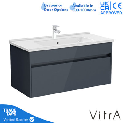 VitrA 1000mm Wall Hung Bathroom Vanity Unit with 1 Drawer & Basin - Anthracite Gloss Includes Chrome Tap