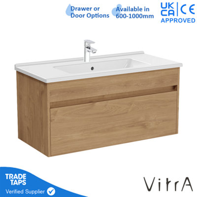 VitrA 1000mm Wall Hung Bathroom Vanity Unit with 1 Drawer & Basin - Golden Oak Includes Chrome Tap