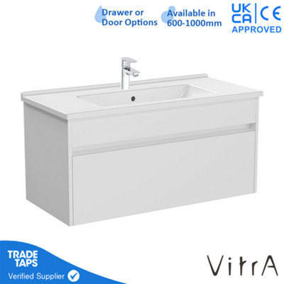 VitrA 1000mm Wall Hung Bathroom Vanity Unit with 1 Drawer & Basin - White Gloss Includes Chrome Tap