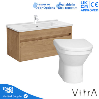 VitrA 1000mm Wall Hung Bathroom Vanity Unit with 1 Drawer Includes Basin, Chrome Tap and Back to Wall Toilet - Golden Oak