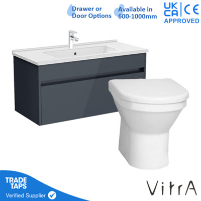 VitrA 1000mm Wall Hung Bathroom Vanity Unit with 1 Drawer Includes Basin, Chrome Tap and Back to Wall Toilet - Grey Gloss