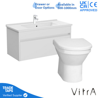 VitrA 1000mm Wall Hung Bathroom Vanity Unit with 1 Drawer Includes Basin, Chrome Tap and Back to Wall Toilet - White Gloss