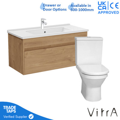 VitrA 1000mm Wall Hung Bathroom Vanity Unit with 1 Drawer Includes Basin, Chrome Tap and Close Coupled Toilet Set - Golden Oak