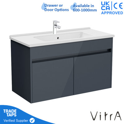 VitrA 1000mm Wall Hung Bathroom Vanity Unit with 2 Doors & Basin - Anthracite Gloss Includes Chrome Tap