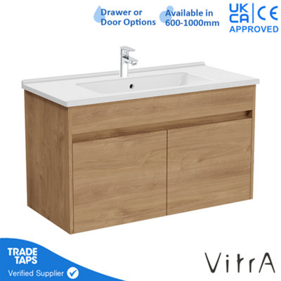 VitrA 1000mm Wall Hung Bathroom Vanity Unit with 2 Doors & Basin - Golden Oak Includes Chrome Tap