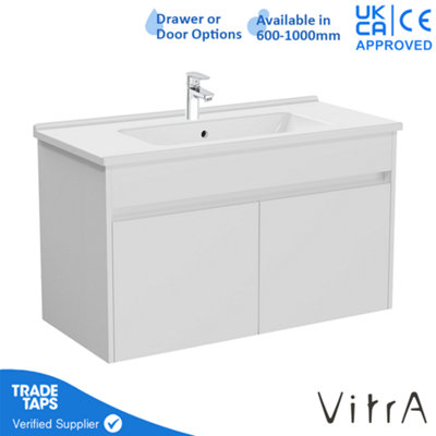 VitrA 1000mm Wall Hung Bathroom Vanity Unit with 2 Doors & Basin - White Gloss Includes Chrome Tap