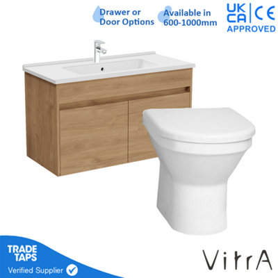 VitrA 1000mm Wall Hung Bathroom Vanity Unit with 2 Doors Includes Basin, Chrome Tap and Back to Wall Toilet - Golden Oak