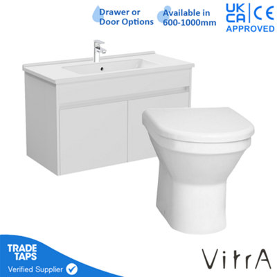 VitrA 1000mm Wall Hung Bathroom Vanity Unit with 2 Doors Includes Basin, Chrome Tap and Back to Wall Toilet - White Gloss