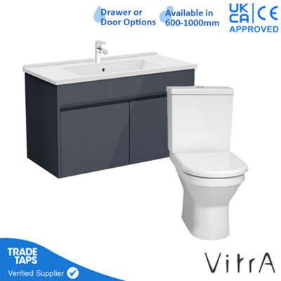 VitrA 1000mm Wall Hung Bathroom Vanity Unit with 2 Doors Includes Basin, Chrome Tap and Close Coupled Toilet Set - Grey Gloss