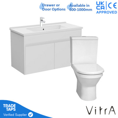 VitrA 1000mm Wall Hung Bathroom Vanity Unit with 2 Doors Includes Basin, Chrome Tap and Close Coupled Toilet Set - White Gloss