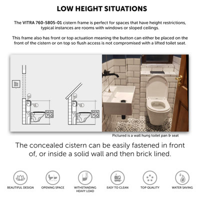 VITRA Low Height Wall Hung Toilet Concealed Cistern WC Frame & Matt Black Plate- Viewing Flush Plate: Slimline Curved