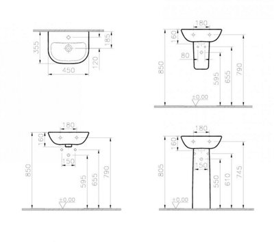 Vitra S20 450mm basin 1 tap hole and full pedestal