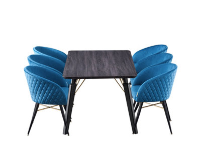 Vittorio Cosmo Black LUX Dining Set with 6 Blue Velvet Chairs