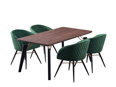 Vittorio Cosmo Walnut LUX Dining Set with 4 Green Velvet Chairs