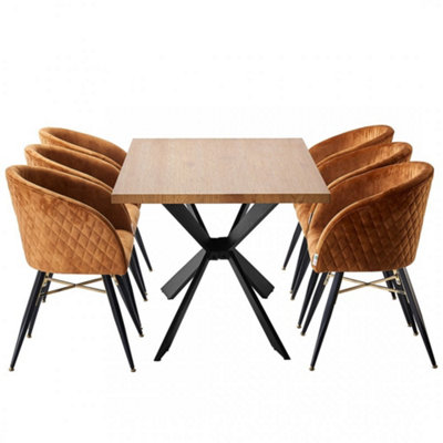 Vittorio Duke Oak LUX Dining Set with 6 Tan Velvet Chairs