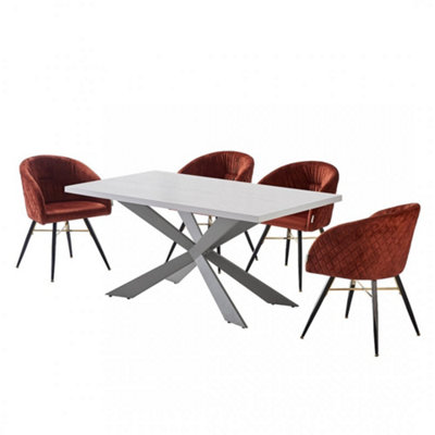 Vittorio Duke White LUX Dining Set with 4 Rust Velvet Chairs