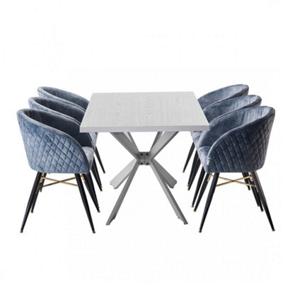 Vittorio Duke White LUX Dining Set with 6 Grey Velvet Chairs