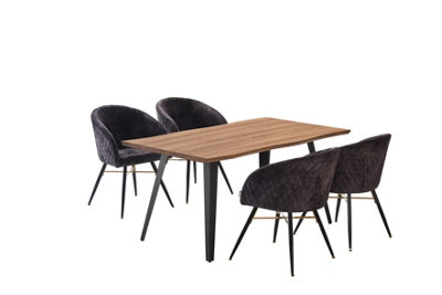 Vittorio Rocco LUX 5PCs Dining Set includes an Oak Dining Table and Set of 4 Black Dining Chairs