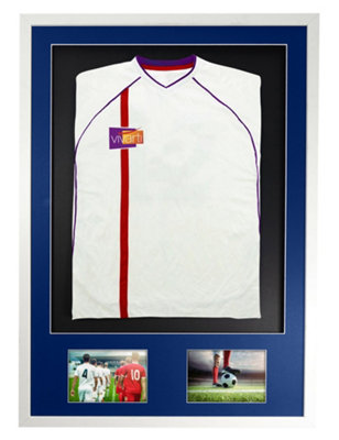 Vivarti DIY 3D Mounted + Double Aperture Sports Shirt Display Gloss White 59.4 x 84cm Blue Mount, Black Backing Card