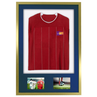 Vivarti DIY 3D Mounted + Double Aperture Sports Shirt Display Gold  Frame 61 x 91.5cm Blue Mount, White Backing Card