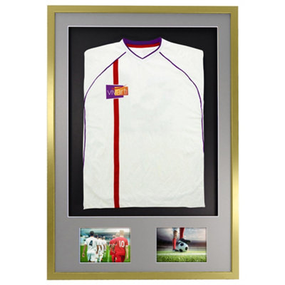 Vivarti DIY 3D Mounted + Double Aperture Sports Shirt Display Gold  Frame 61 x 91.5cm Silver Mount, Black Backing Card