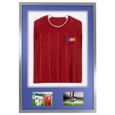 Vivarti DIY 3D Mounted + Double Aperture Sports Shirt Display Silver Frame 59.4 x 84cm Blue Mount, White Backing Card