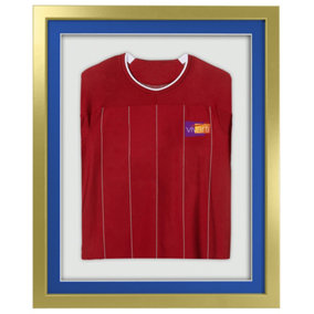 Vivarti DIY 3D Mounted Sports Shirt Display Gold  Frame with Colour Mounts  40 x 50cm Blue Mount, White Backing Card