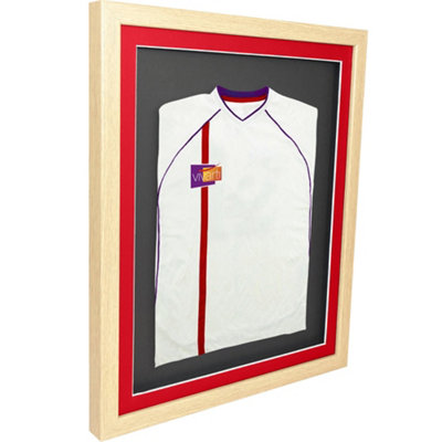 Vivarti DIY 3D Mounted Sports Shirt Display Oak Frame with Colour Mounts  40 x 50cm Red Mount, Black Backing Card
