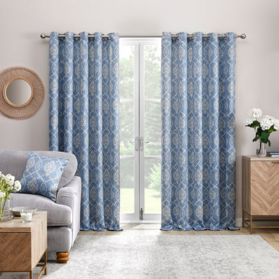 Vivianna Woven Pair of Blue Eyelet Curtains